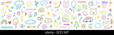 Kind süßes Baby-Doodle Sommer-Element-Set. Farbenfrohe Kinderskizze mit niedlichem Herz, Regenbogen für Kindergärten und kindlichen Spielzeugcartoons. Handgezeichnete Symbole für die Aktivitäten auf dem Schulspielplatz. Vektorabbildung Stock Vektor