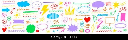 Handgezeichneter Kreidesatz. Pfeil mit Buntstift, Sprechblase, Bleistift-Hervorhebung und strukturiertes Pinselsymbol mit Zeichentrickherz, handgezeichnetem Markierelement. Skizze des Schwarzen Bretts. Vektorabbildung Stock Vektor