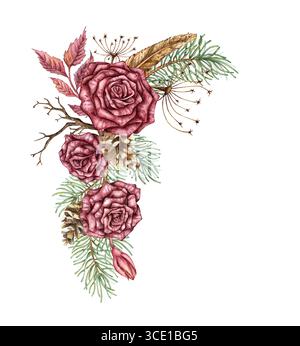 Burgunderrot drei Rosen, mit Tannenzweigen, trockenem Zweig, Feder, getrockneten Blumen und Kegeln Aquarellillustration. Winterblumen-Arrangement zu Weihnachten Stockfoto