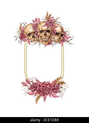 Burgunderrote Rosen, Knospen, rosa Blätter, trockene Zweige und menschliche Schädel Aquarellillustration. Gotisches Design mit goldenem geometrischem Rahmen für Halloween. Sui Stockfoto