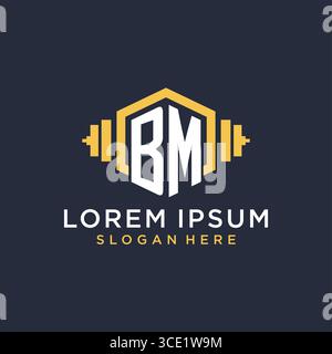 Anfängliches BM-Logo-Design für Fitnesscenter mit kreativer Kurzhantel-Vektorgrafik im geometrischen Stil Stock Vektor