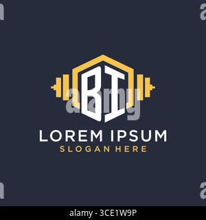 Anfängliches BI-Logo-Design für Fitnesscenter mit kreativer Kurzhantel-Vektorgrafik im geometrischen Stil Stock Vektor