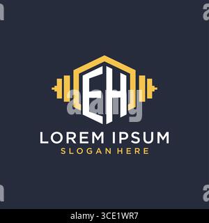 Anfängliches EH-Logo-Design für Fitnesscenter mit kreativer Kurzhantel-Vektorgrafik im geometrischen Stil Stock Vektor