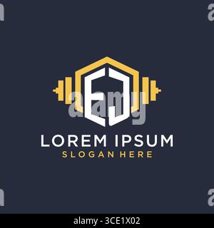 Anfängliches EJ-Logo-Design für Fitnesscenter mit kreativer Kurzhantel-Vektorgrafik im geometrischen Stil Stock Vektor