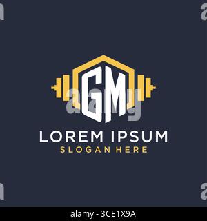 Ursprüngliches GM-Logo-Design für Fitnesscenter mit kreativer Kurzhantel-Vektorgrafik im geometrischen Stil Stock Vektor