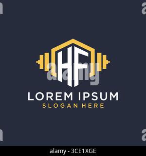 Anfängliches HF-Logo-Design für Fitnesscenter mit kreativer Kurzhantel-Vektorgrafik im geometrischen Stil Stock Vektor