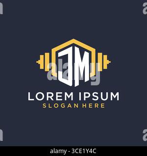 Erstes JM-Logo-Design für Fitnesscenter mit kreativer Kurzhantel-Vektorgrafik im geometrischen Stil Stock Vektor
