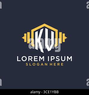 Anfängliches KV-Logo-Design für Fitnesscenter mit kreativer Kurzhantel-Vektorgrafik im geometrischen Stil Stock Vektor