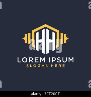 Anfängliches HH-Logo-Design für Fitnesscenter mit kreativer Kurzhantel-Vektorgrafik im geometrischen Stil Stock Vektor