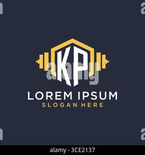 Anfängliches KP-Logo-Design für Fitnesscenter mit kreativer Kurzhantel-Vektorgrafik im geometrischen Stil Stock Vektor