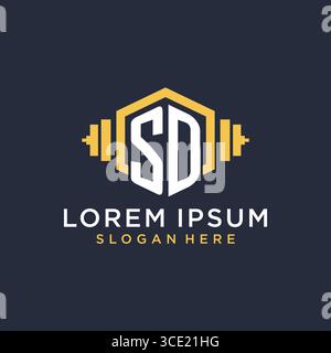 Ursprüngliches SD-Logo-Design für Fitnesscenter mit kreativer Kurzhantel-Vektorgrafik im geometrischen Stil Stock Vektor