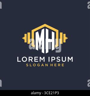 Ursprüngliches MH-Logo-Design für Fitnesscenter mit kreativer Kurzhantel-Vektorgrafik im geometrischen Stil Stock Vektor