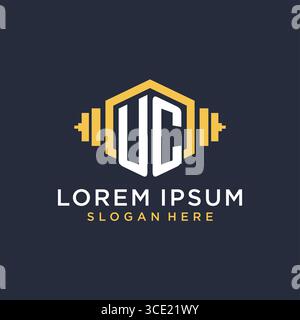 Erstes UC-Logo-Design für Fitnesscenter mit kreativer geometrischer Kurzhantel-Vektorgrafik Stock Vektor
