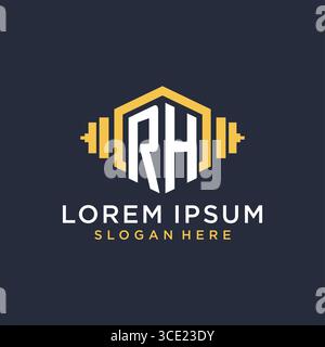 Anfängliches RH-Logo-Design für Fitnesscenter mit kreativer Kurzhantel-Vektorgrafik im geometrischen Stil Stock Vektor