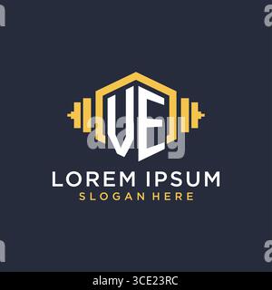 Ursprüngliches VE-Logo-Design für Fitnesscenter mit kreativer Kurzhantel-Vektorgrafik im geometrischen Stil Stock Vektor