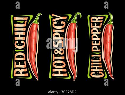 Vektor rote Chili Pfeffer Set, horizontales Poster mit Zeichentrickdesign ganze scharfe Chili, dekorative Plakette mit einzigartiger Pinselbeschriftung für verschiedene Orang Stock Vektor