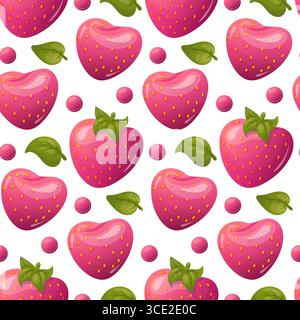 Ein lebendiges, nahtloses Muster mit saftigen rosafarbenen Erdbeeren mit grünen Blättern, perfekt für Sommer-, Speisen- oder Dessertmotive. Stock Vektor