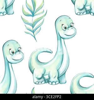 Farbenfrohes nahtloses Muster mit niedlichen Dinosauriern und tropischen Blättern, ideal für Tapeten und Hintergrundmotive in Kinderräumen oder Stock Vektor