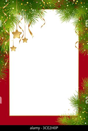 Festlicher Weihnachts-Vektor-Illustration Hintergrund mit Grün, goldenen Stern-Dekorationen und festlichem Konfetti, das Eine leere weiße Mitte begrenzt Stock Vektor