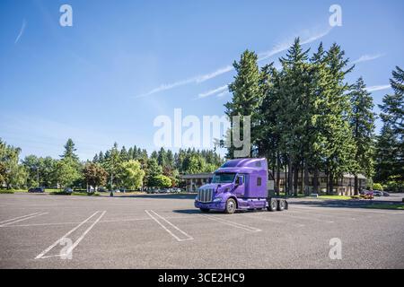 Industrieller Langstreckenfahrzeug Purple professionelle Sattelzugmaschine mit großer Motorhaube und verlängerter Kabine für den LKW-Fahrer, ohne aufstehendem Auflieger o Stockfoto