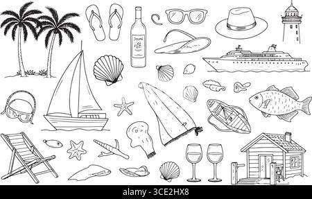 Strandurlaub-Ikone – Palmen, Kreuzfahrtschiff, Muscheln, Korallen, Weingläser und mehr Stock Vektor