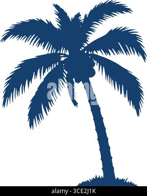 Palmensilhouette – dunkelblaues tropisches Wahrzeichen mit gewölbten Wedel Stock Vektor