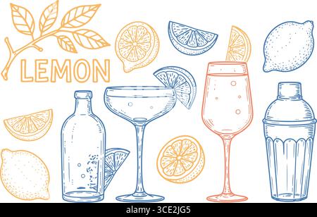 Illustrationen im Sketch-Stil von Zitronen, Zitronenscheiben und verschiedenen Trinkgeschirr in blau-orange Stock Vektor