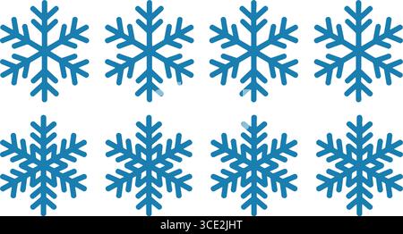 Acht identische blaue Schneeflocken mit symmetrischen, sechszweigen Mustern in Reihen Stock Vektor