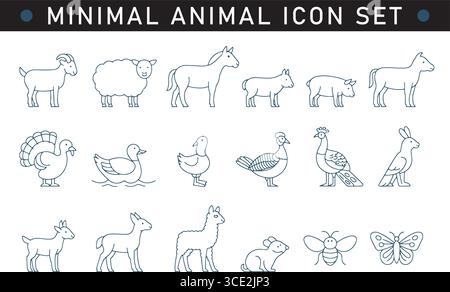 Minimales Tiersymbol Ziege Schaf Pferd Ente Pfau Kaninchen Hirsch Kamel Biene Schmetterling Stock Vektor