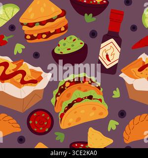 Nahtloses Nachos-Muster. Traditionelle mexikanische Küche, scharfe Gerichte, leckere Produkte, Tacos, Quesadillas, Guacamole, Textildesign, Verpackung und Tapete Stock Vektor