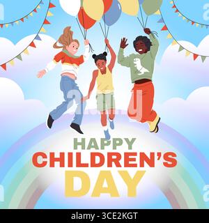 Kindertag mit Luftballons-Poster. Kinder fliegen auf Heliumbälle am Himmel, glückliche Freunde spielen zusammen auf Regenbogen, haben Spaß, Social Media Post Stock Vektor