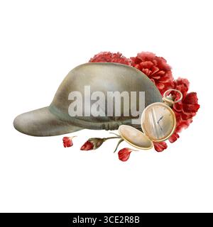 Revolution der Nelke in Symbol Vintage portugiesischer Militärhut, roten Blumen und goldenen Taschenuhr zeigt die Zeit den Beginn der Machtergreifung Stockfoto