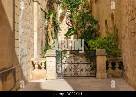 Eleganter Eingang zur Casa Isabella in Mdina, Malta, mit einem dekorativen schmiedeeisernen Tor und üppigem Grün. Stockfoto