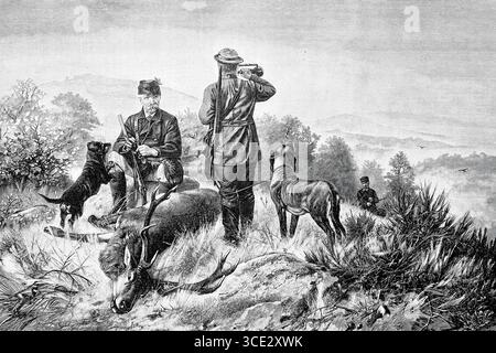 Toter Hirsch, Jäger, der neben seiner Beute sitzt, ein weiterer Jäger, der den Hirsch zu Tode bläst, nach einem Gemälde von F. Deiker, historisch, authentisch, digital restaurierte Reproduktion eines Originals aus dem 19. Jahrhundert, Rekorddatum nicht angegeben Stockfoto