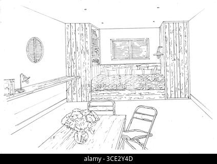 Handgezeichnete Schwarz-weiß-Skizze einer modernen Lounge. Stockfoto