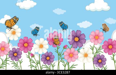 Vektor-Illustration von Schmetterlingen flattern über blühenden Kosmos Blumen unter einem hellblauen Himmel mit verstreuten Wolken, lebhaften Farben, flachem Cartoon Stock Vektor
