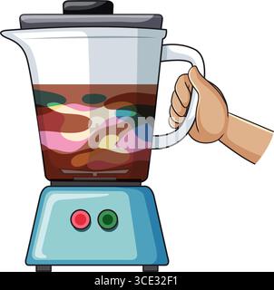 Vektor-Illustration einer Hand, die einen Mixer mit abstrakten, farbenfrohen Zutaten packt. Klare Linien, flache Farben und einfache Schattierungen erzeugen ein pla Stock Vektor