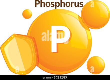 Helle Vektorillustration des Phosphor-Vitaminsymbols mit glänzenden orangen Kugeln und Schild, flaches Design, saubere Zusammensetzung, weißer Hintergrund Stock Vektor