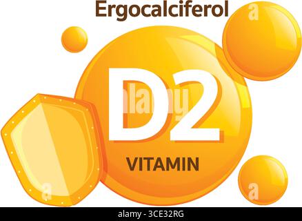 Helle Vektorillustration von Vitamin D2 Ergocalciferol mit glänzenden orangen Kugeln, Schildsymbol und fettgedrucktem Text in einem flachen modernen Stil Stock Vektor