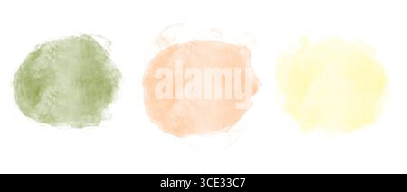 Aquarellflecken, eine Reihe von Herbsttönen von Blättern und Früchten. Aquarellabbildung. Helles, zartes Aquarell und Farbspritzer sorgen für ein n Stockfoto
