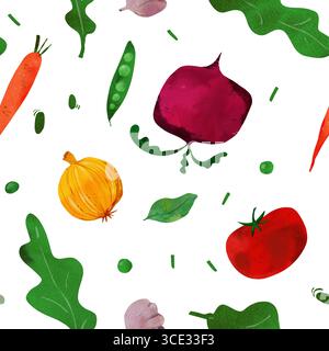 Niedliche handgezeichnete Veggie-Illustration mit Karotten, Rüben, Tomaten, Erbsen und Blättern. Perfekt für Kinderbücher, Lehrmaterialien oder verspielte Küche Stockfoto