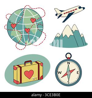 Dieser lebendige Vektor zeigt ein Reisethema mit einem Globus mit Herzen, einem Flugzeug, Bergen, einem Koffer und einem Kompass. Perfekt für Reisen Stock Vektor