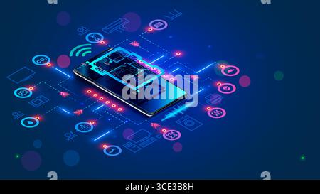 Smart Home System entwickeln. Internet der Dinge. Entwicklung der digitalen Infrastruktur des Hauses, Erstellung von Konfigurationsskripten für intelligente Arbeitsgeräte. Phon Stock Vektor