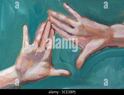 Hände abstraktes Kunstwerk. Handgezeichnetes Gouache-Künstlergemälde. Stockfoto