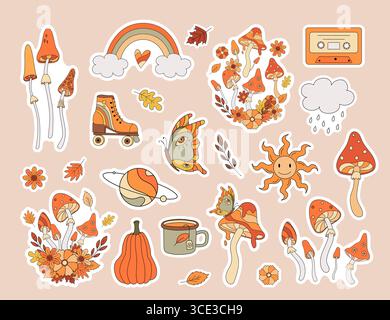 Set mit Aufklebern im Herbst der 70er Jahre. Retro-Pilz, Regenbogen, Kürbis, Schmetterling, Planet, Rollschuh im Hippie-Style. Vintage Psychedelic Groovy Vektor i Stock Vektor