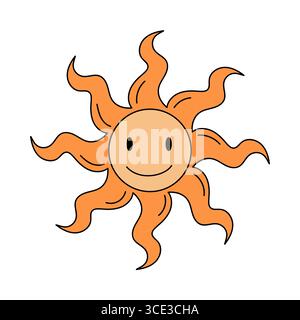 Sonne mit Sonnenstrahlen im trendigen Retro-Cartoon-Stil. Groovige Vibes Vektor-Illustration Stock Vektor