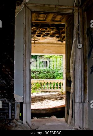 Ein Bild eines verlassenen Gebäudes, mit Blick durch eine Tür zu einem Balkon, der von Vegetation bedeckt ist. Stockfoto