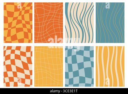 Kollektion grooviger Karten mit auffälligen karierten und gestreiften Mustern in flachem Design mit lebhaften Retro-Farben, geometrischen Layouts und Playfu Stock Vektor