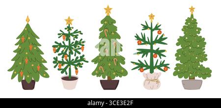 Sammlung von Weihnachtsfichtenbäumen, die mit Kugeln, Girlanden, Sternen und Lichtern in festlichen Farben dekoriert sind, gezeichnet in niedlichem Cartoon Flat Style für den Winter Stock Vektor