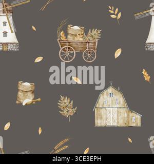 Aquarellillustration des rustikalen nahtlosen Musters mit Scheune, Windmühle und Herbstpflanzen. Herbsthintergrund mit Landschaft auf dunklem Hintergrund für Erntefest-Design oder saisonales Geschenkpapier Stockfoto